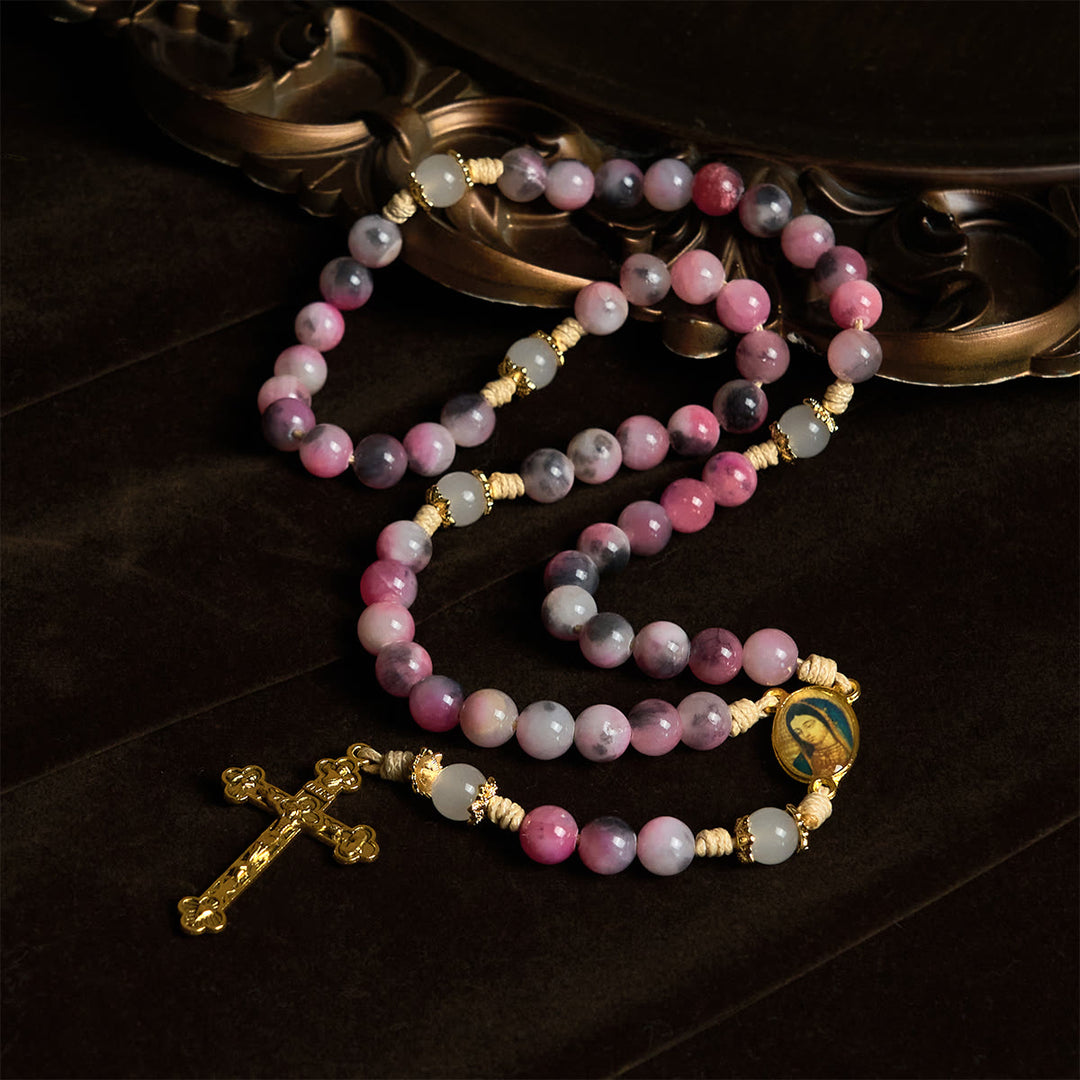 Christianartworkshop Eleganter Rosenkranz aus persischen rosa und schwarzen Jadeperlen mit dem Segen Unserer Lieben Frau - image 2