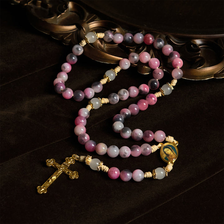 Christianartworkshop Eleganter Rosenkranz aus persischen rosa und schwarzen Jadeperlen mit dem Segen Unserer Lieben Frau - image 2