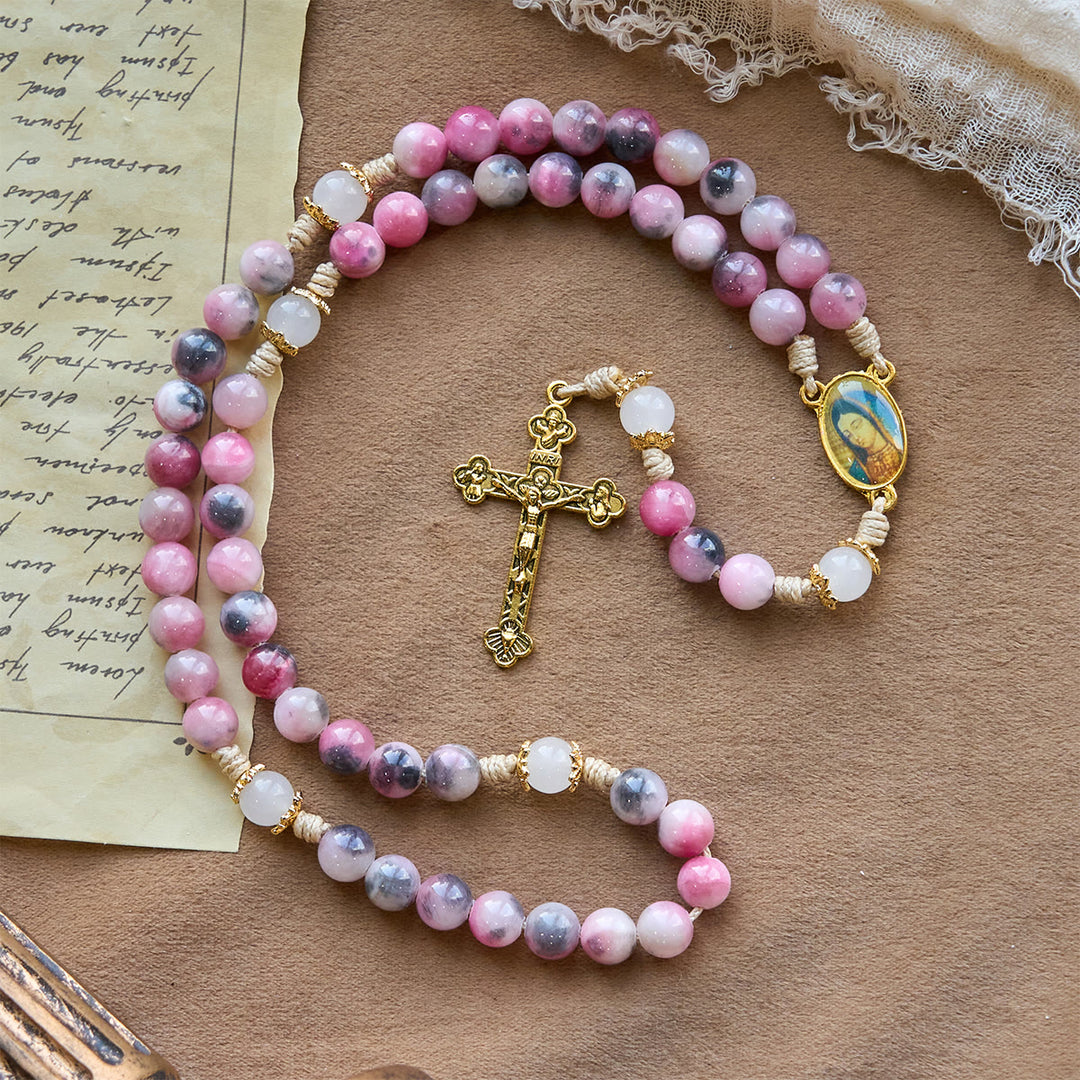 Christianartworkshop Eleganter Rosenkranz aus persischen rosa und schwarzen Jadeperlen mit dem Segen Unserer Lieben Frau - image 3