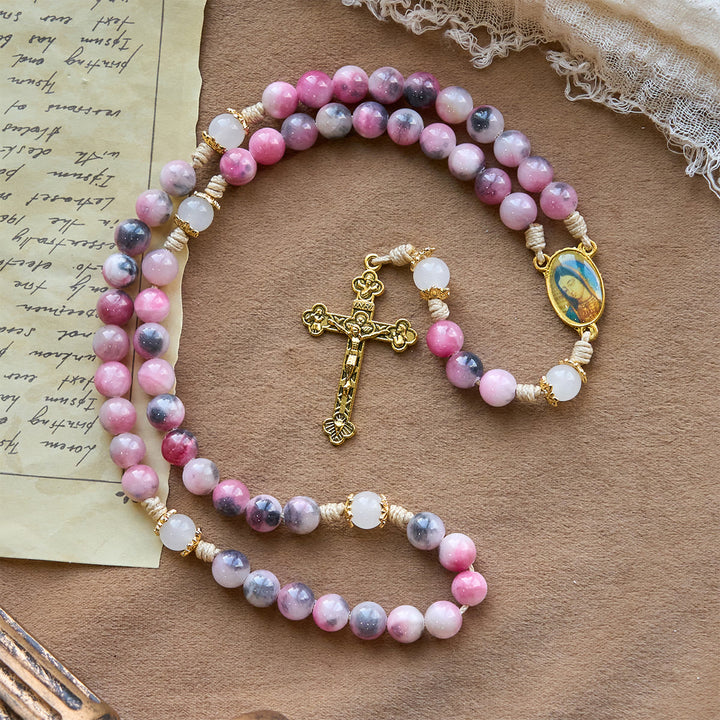 Christianartworkshop Eleganter Rosenkranz aus persischen rosa und schwarzen Jadeperlen mit dem Segen Unserer Lieben Frau - image 3