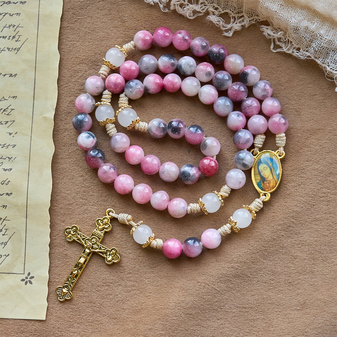 Christianartworkshop Eleganter Rosenkranz aus persischen rosa und schwarzen Jadeperlen mit dem Segen Unserer Lieben Frau - Persisches Rosa - image 0