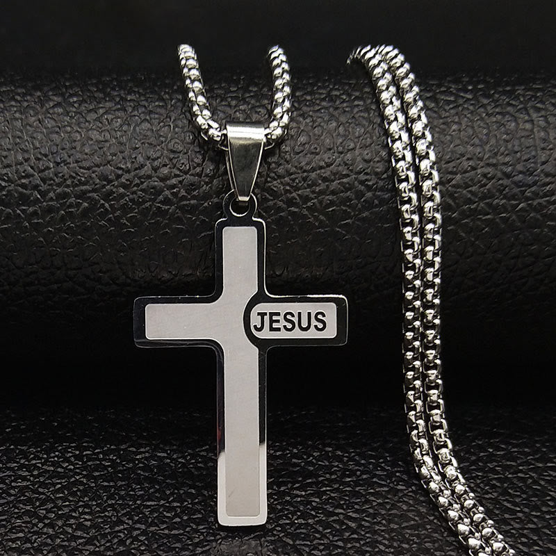 Christianartworkshop Minimalistische Kreuzkette mit „JESUS“-Detail: Dezenter Ausdruck des Glaubens - Silber - image 0