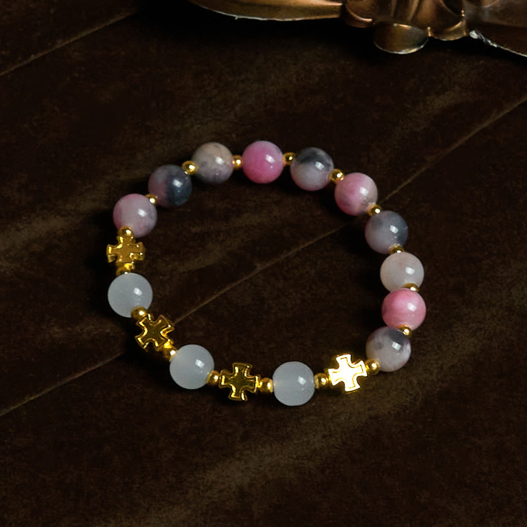 Christianartworkshop Anmutiges 8 mm großes Armband aus persischen rosa und schwarzen Jadeperlen mit antikem Kreuz - image 3
