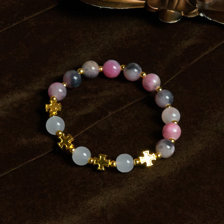 Christianartworkshop Anmutiges 8 mm großes Armband aus persischen rosa und schwarzen Jadeperlen mit antikem Kreuz - image 3