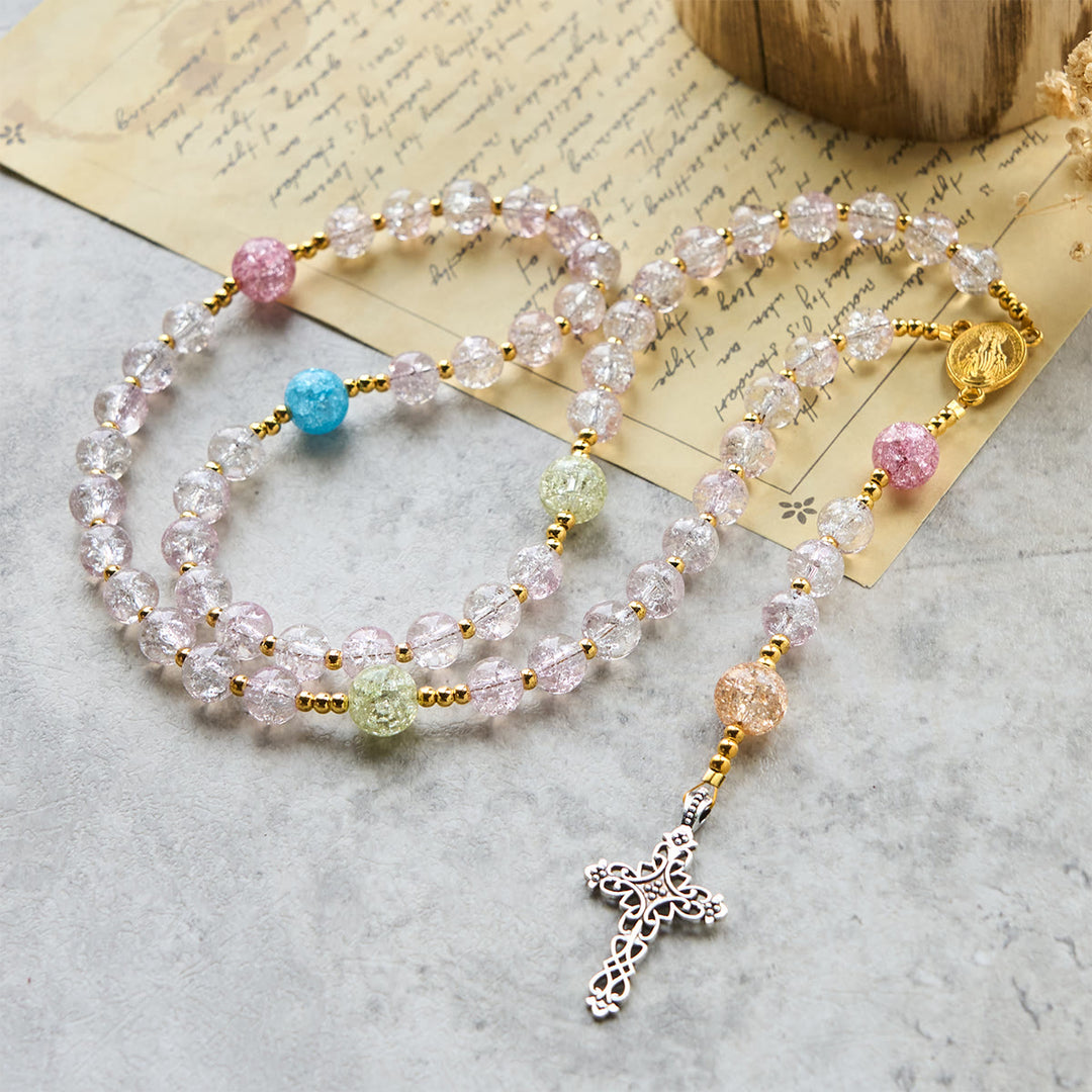 Christianartworkshop Rosenkranz aus 8 mm großen Crackle-Glasperlen in Regenbogenfarben mit Unserer Lieben Frau und Kreuz - image 5