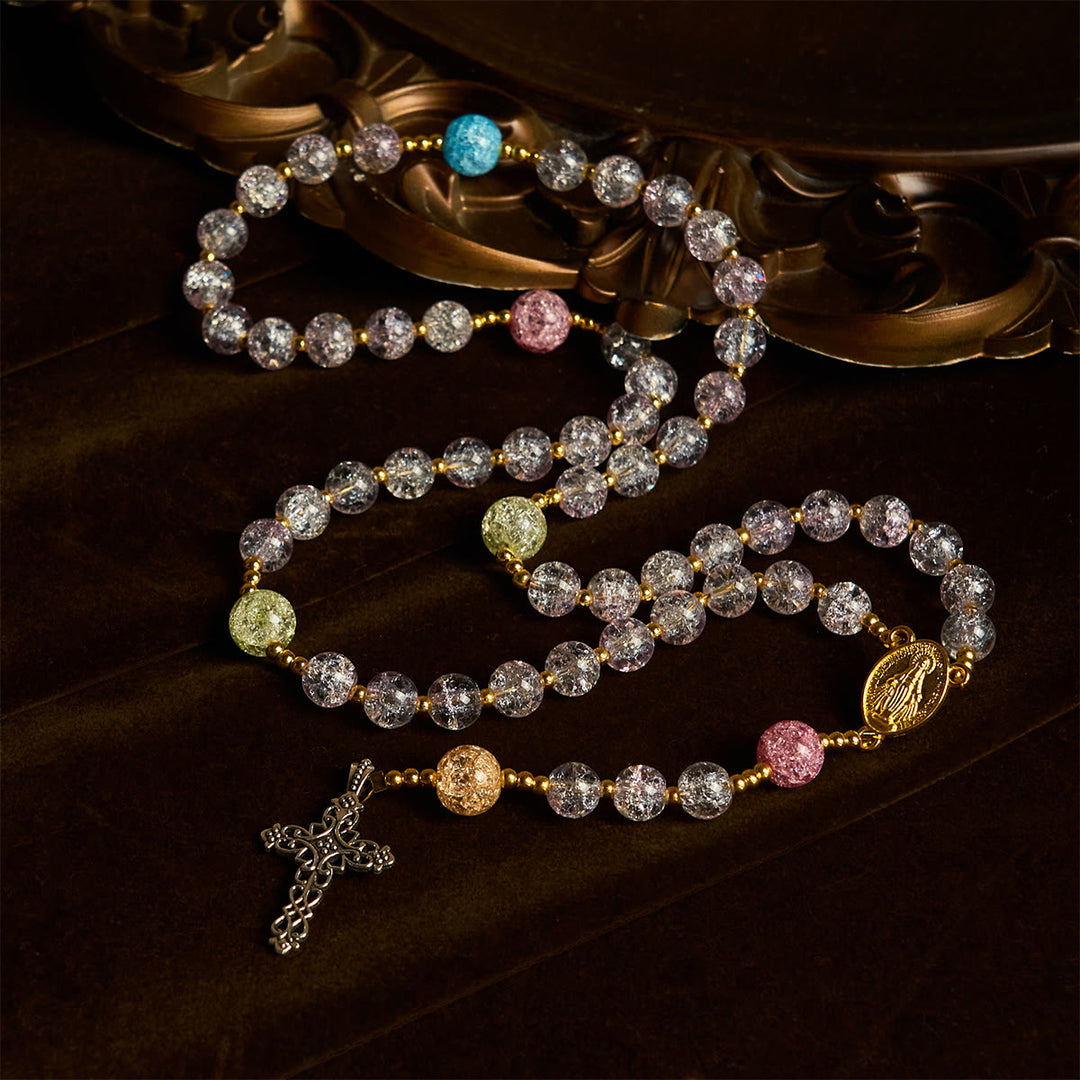 Christianartworkshop Rosenkranz aus 8 mm großen Crackle-Glasperlen in Regenbogenfarben mit Unserer Lieben Frau und Kreuz - image 2