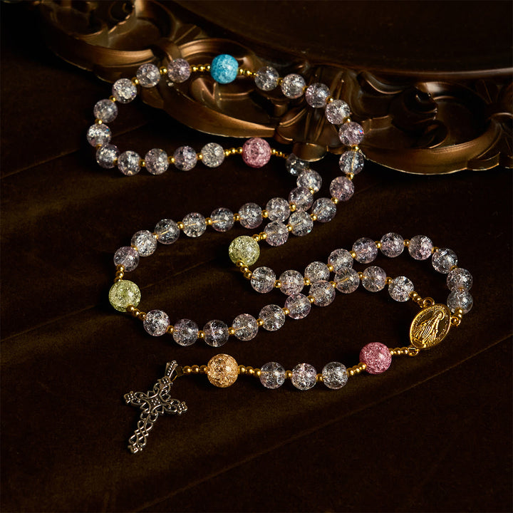 Christianartworkshop Rosenkranz aus 8 mm großen Crackle-Glasperlen in Regenbogenfarben mit Unserer Lieben Frau und Kreuz - image 2