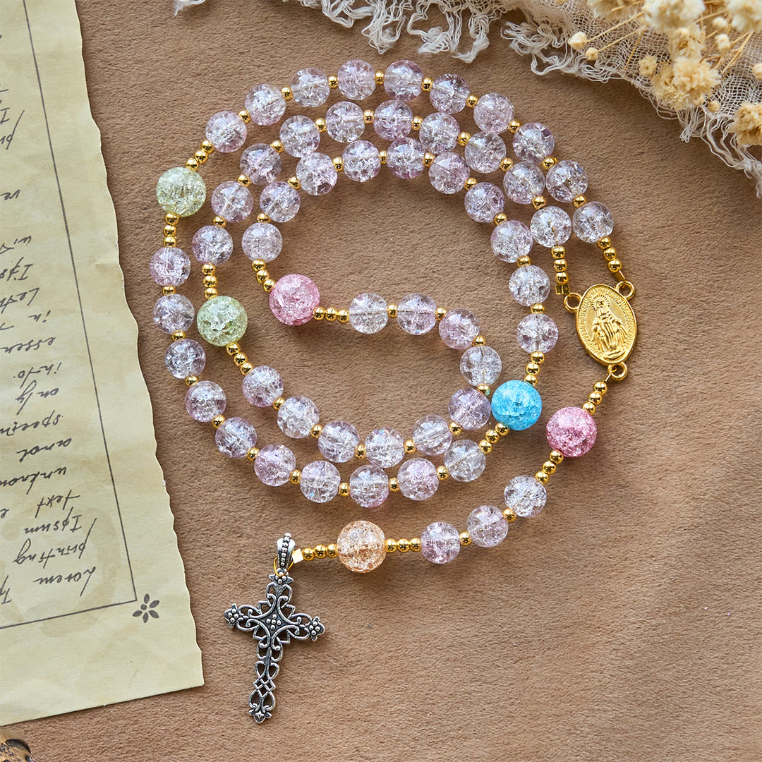 Christianartworkshop Rosenkranz aus 8 mm großen Crackle-Glasperlen in Regenbogenfarben mit Unserer Lieben Frau und Kreuz - Craquelé-Glas - image 0