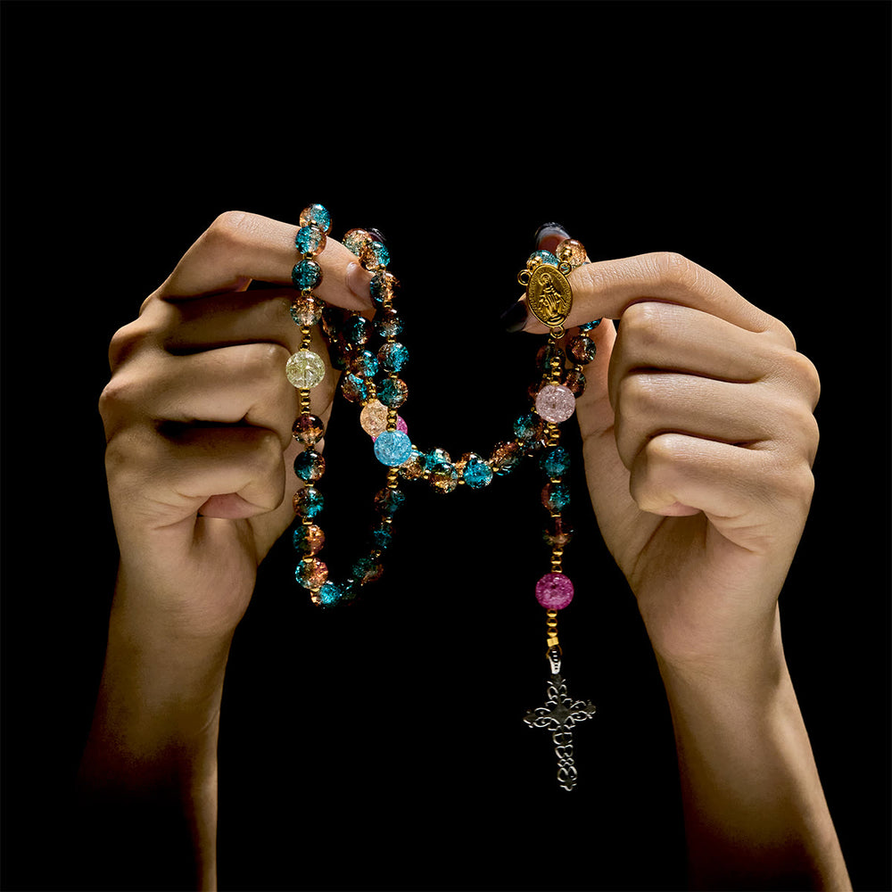 Christianartworkshop Rosenkranz „Divine Harmony Radiance“, blau-rote Crackle-Perlen mit Glaubenskreuz - image 1