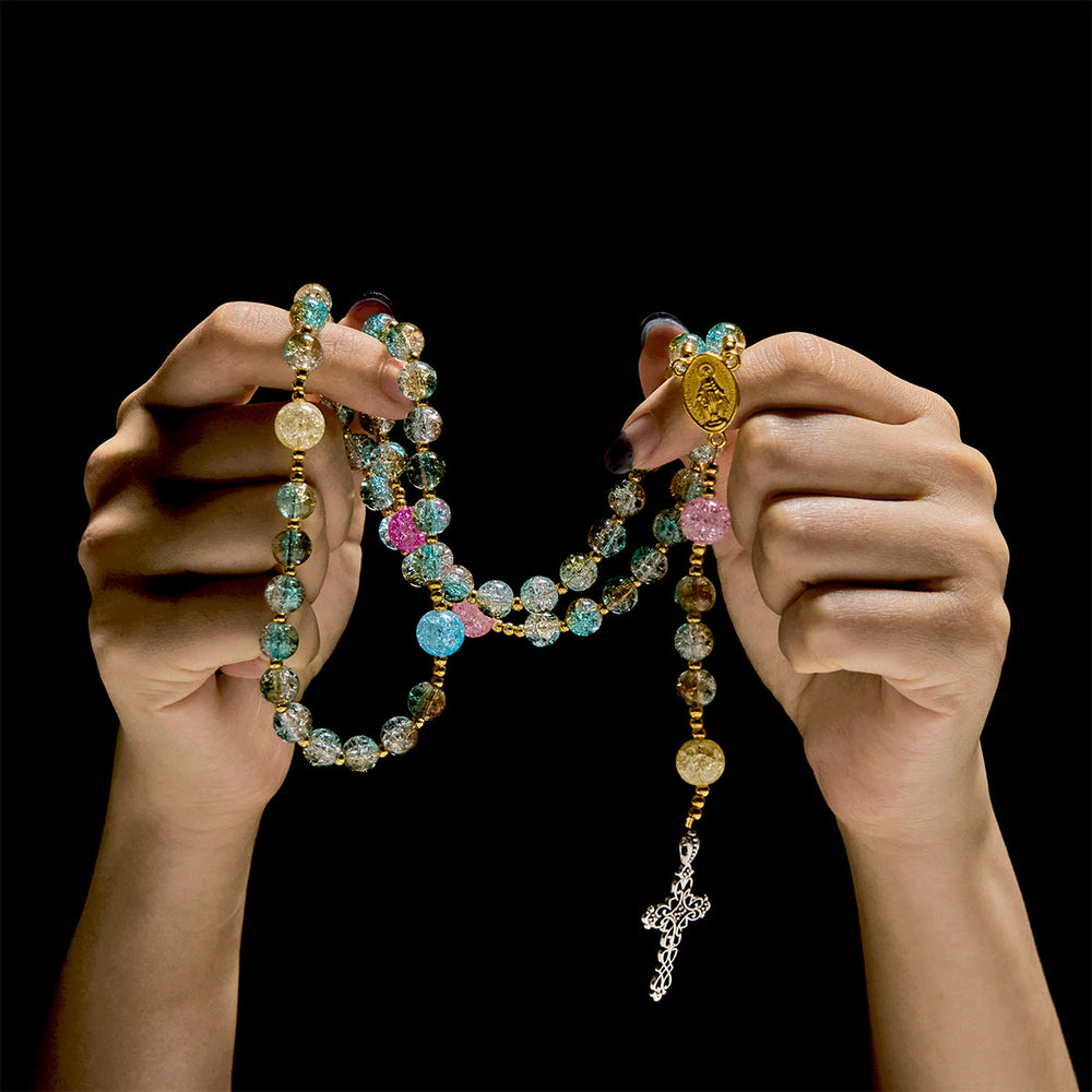 Christianartworkshop Glitzernder 8 mm großer Rosenkranz aus Craquelé-Glas im Ozean-Stil mit Medaille Unserer Lieben Frau - image 1