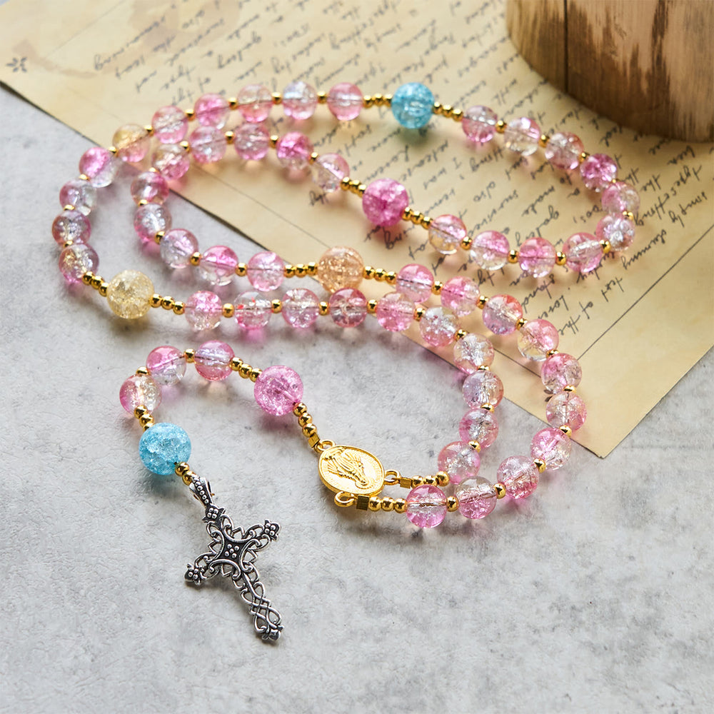 Christianartworkshop Rosenkranz „Unsere Liebe Frau von der Barmherzigkeit mit funkelndem rosa-blauem Craquelé-Glas - image 1