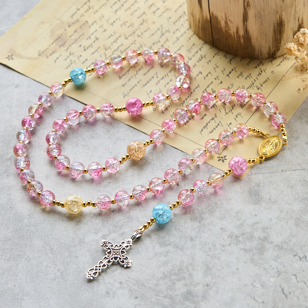Christianartworkshop Rosenkranz „Unsere Liebe Frau von der Barmherzigkeit mit funkelndem rosa-blauem Craquelé-Glas - Craquelé-Glas - image 0