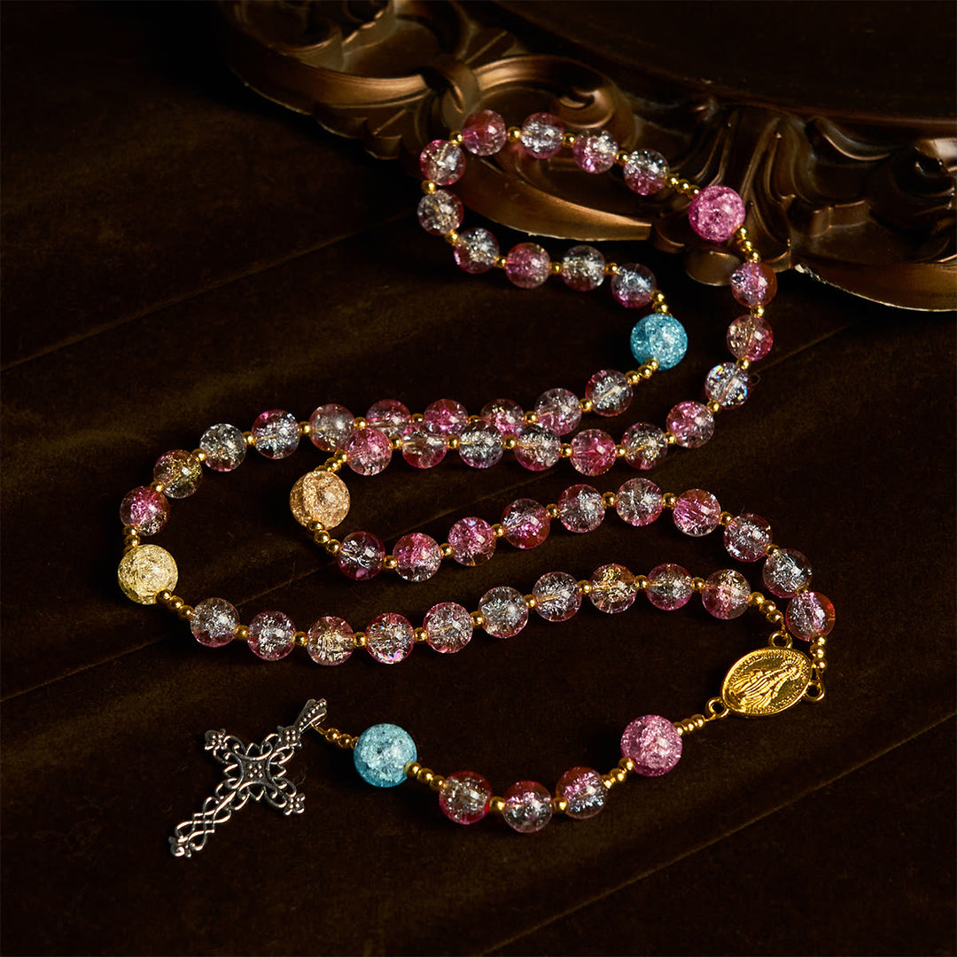 Christianartworkshop Rosenkranz „Unsere Liebe Frau von der Barmherzigkeit mit funkelndem rosa-blauem Craquelé-Glas - image 4