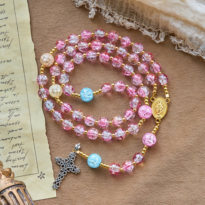 Christianartworkshop Rosenkranz „Unsere Liebe Frau von der Barmherzigkeit mit funkelndem rosa-blauem Craquelé-Glas - image 2