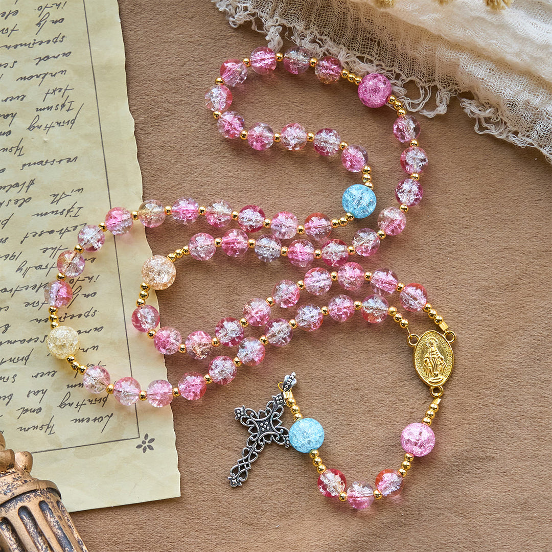 Christianartworkshop Rosenkranz „Unsere Liebe Frau von der Barmherzigkeit mit funkelndem rosa-blauem Craquelé-Glas - image 3
