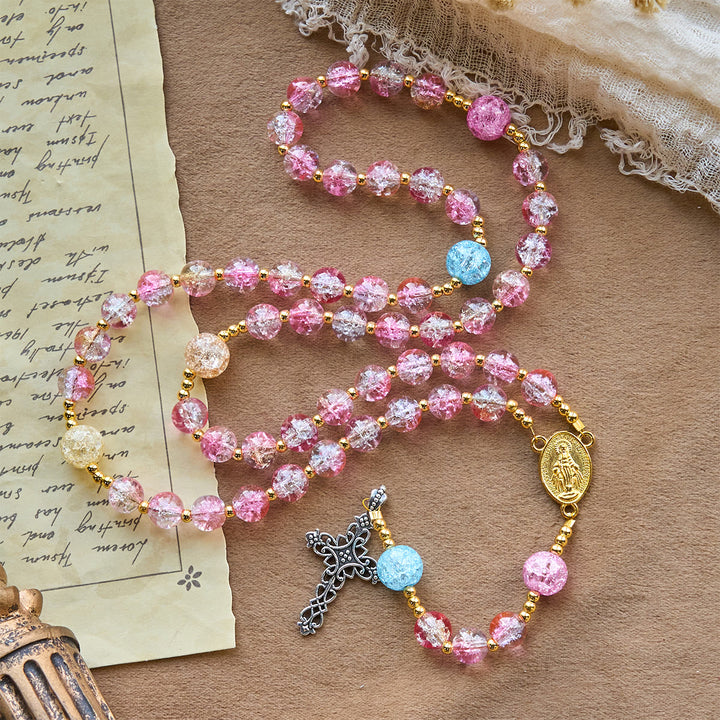 Christianartworkshop Rosenkranz „Unsere Liebe Frau von der Barmherzigkeit mit funkelndem rosa-blauem Craquelé-Glas - image 3