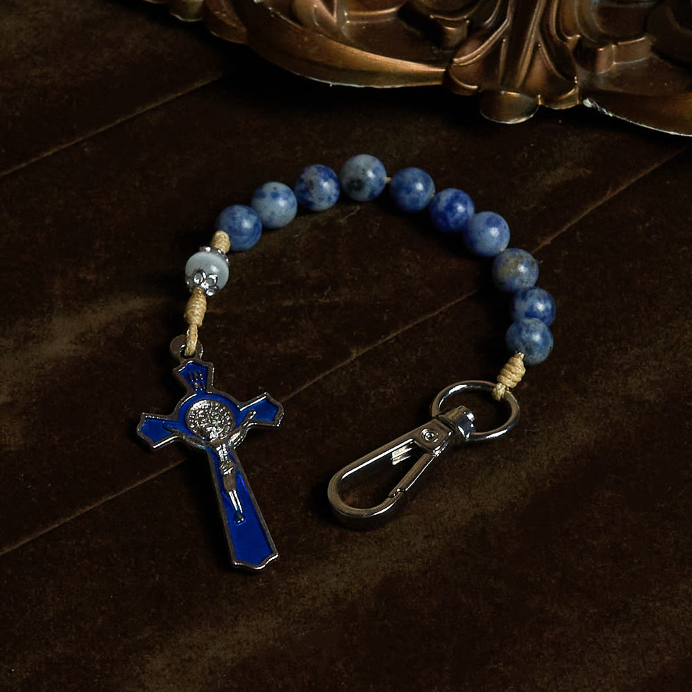 Christianartworkshop Tragbarer Gebetsrosenkranz aus blauer Jade mit Emaille-Kreuz des Lichts - image 1
