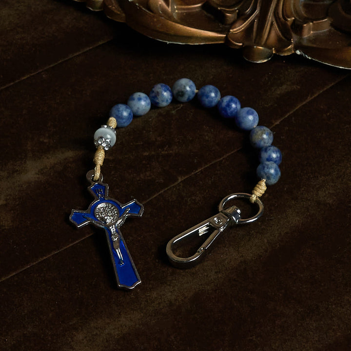 Christianartworkshop Tragbarer Gebetsrosenkranz aus blauer Jade mit Emaille-Kreuz des Lichts - image 1