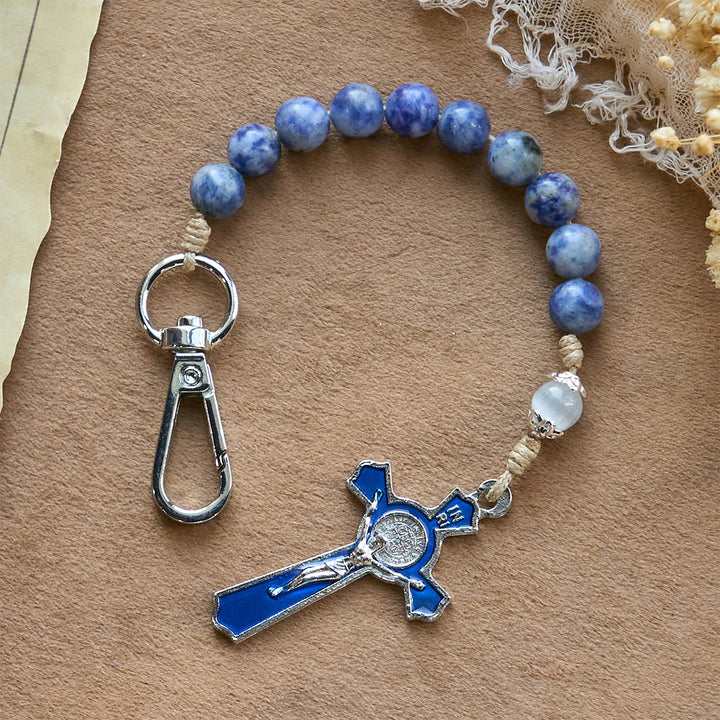 Christianartworkshop Tragbarer Gebetsrosenkranz aus blauer Jade mit Emaille-Kreuz des Lichts - image 2