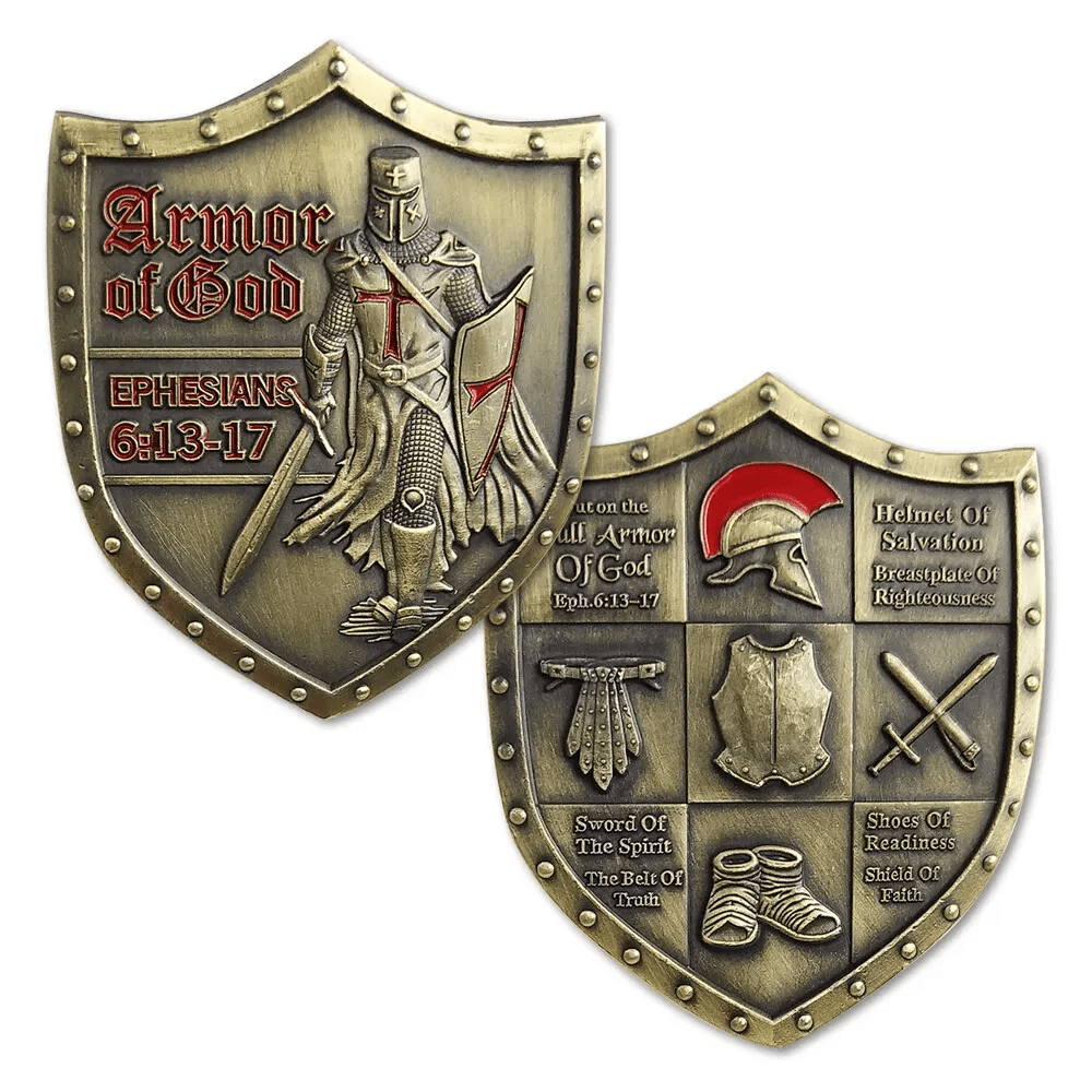 Christianartworkshop Klassischer Stil Rüstung Gottes Schild Challenge Coin mit Epheser 6:13–17 - Rüstung Gottes - image 0