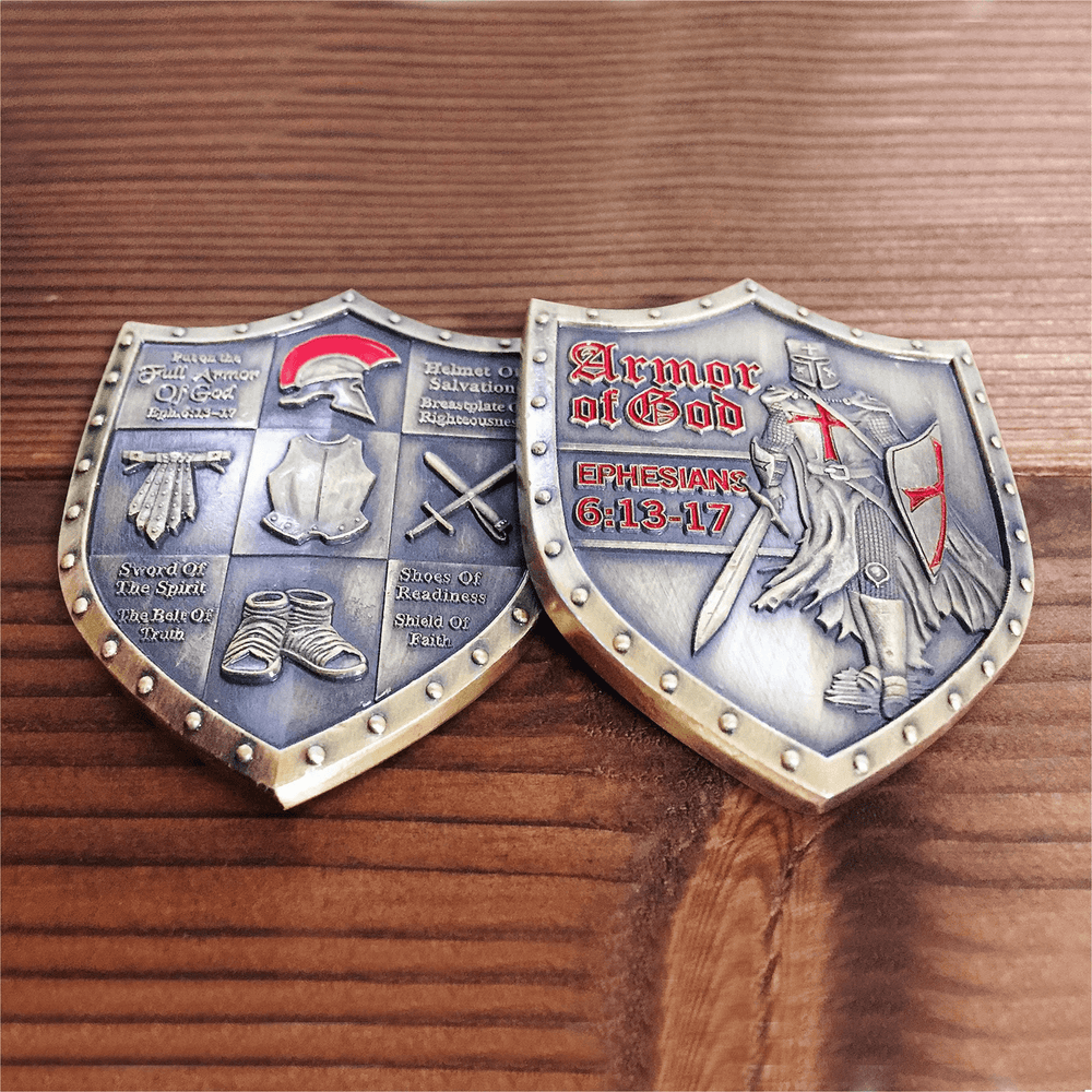 Christianartworkshop Klassischer Stil Rüstung Gottes Schild Challenge Coin mit Epheser 6:13–17 - image 1