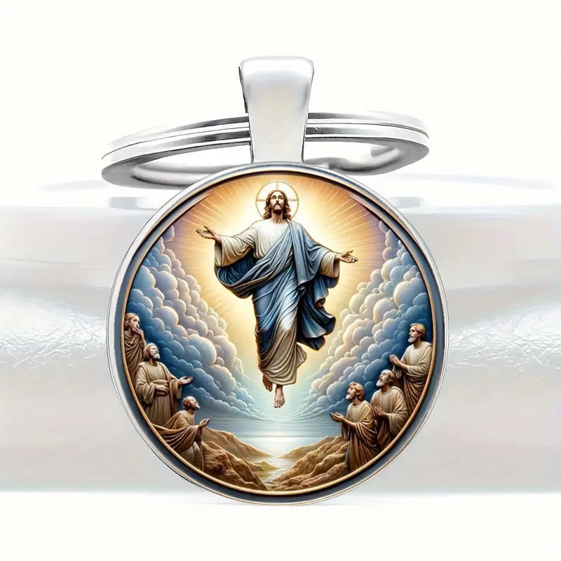 Christianartworkshop Klassischer runder Glas-Schlüsselanhänger der göttlichen Himmelfahrt: Zeitloses Symbol der erhebenden Kraft des Glaubens - Jesus - image 0