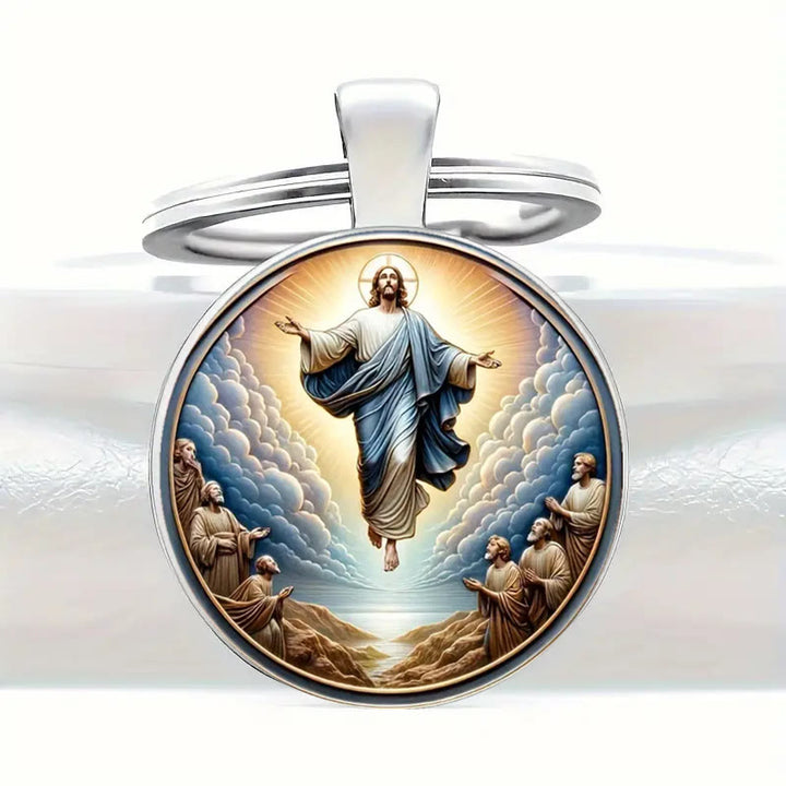 Christianartworkshop Klassischer runder Glas-Schlüsselanhänger der göttlichen Himmelfahrt: Zeitloses Symbol der erhebenden Kraft des Glaubens - Jesus - image 0