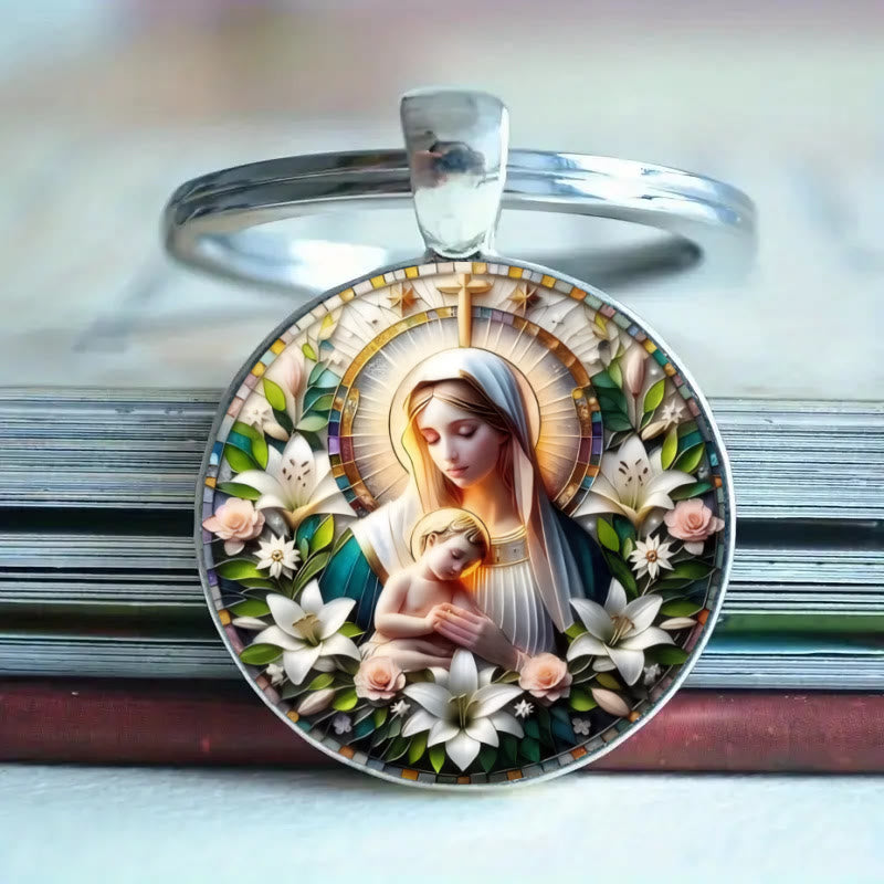 Christianartworkshop Klassischer runder Glas-Schlüsselanhänger der göttlichen Himmelfahrt: Zeitloses Symbol der erhebenden Kraft des Glaubens - Maria und Jesus - image 2