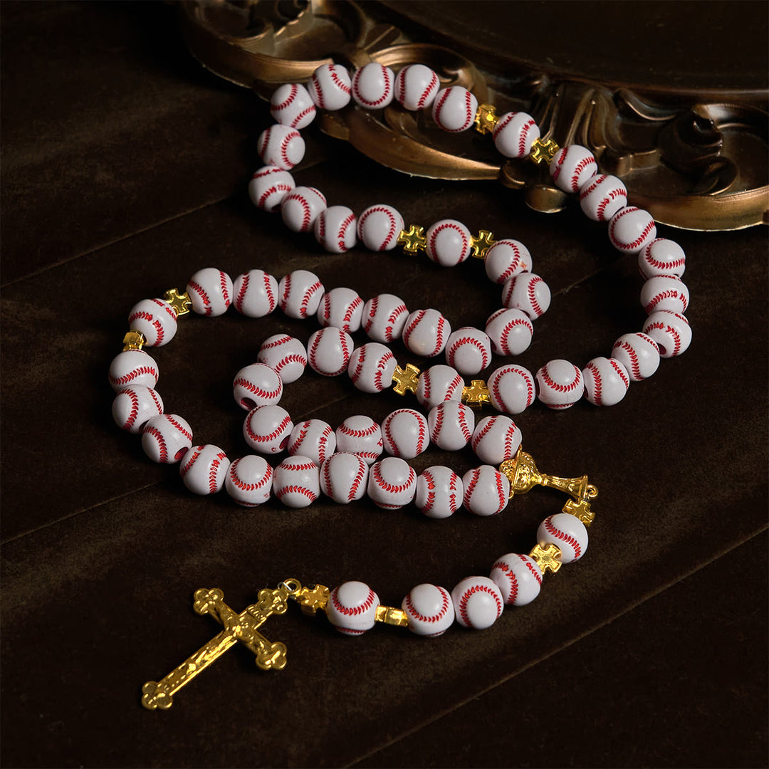 Christianartworkshop Gesegneter Miniatur-Rosenkranz mit Baseballperlen und goldenem Heiligen Kelch und Kruzifix: Glaube und Sport verbinden - image 7