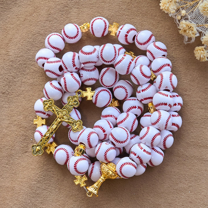 Christianartworkshop Gesegneter Miniatur-Rosenkranz mit Baseballperlen und goldenem Heiligen Kelch und Kruzifix: Glaube und Sport verbinden - image 5