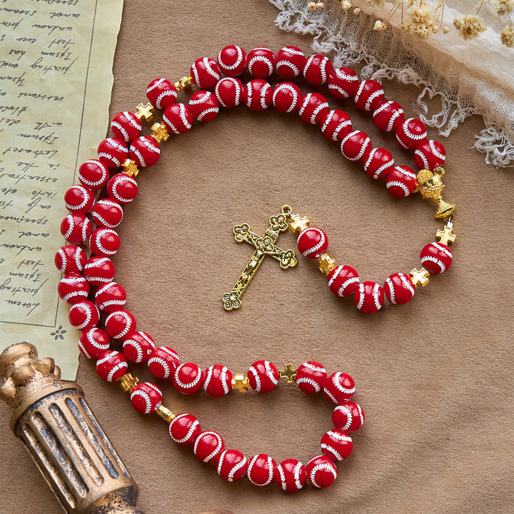 Christianartworkshop Gesegneter Miniatur-Rosenkranz mit Baseballperlen und goldenem Heiligen Kelch und Kruzifix: Glaube und Sport verbinden - image 18