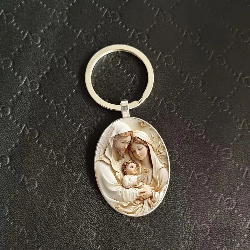 Christianartworkshop Klassischer ovaler Schlüsselanhänger der Heiligen Familie in sanften Tönen: Ewiges Emblem des Glaubens – Gefüllte Familienbande - Legierung - image 0