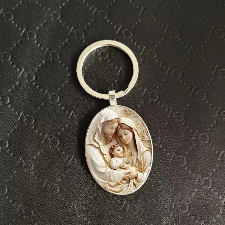 Christianartworkshop Klassischer ovaler Schlüsselanhänger der Heiligen Familie in sanften Tönen: Ewiges Emblem des Glaubens – Gefüllte Familienbande - Legierung - image 0