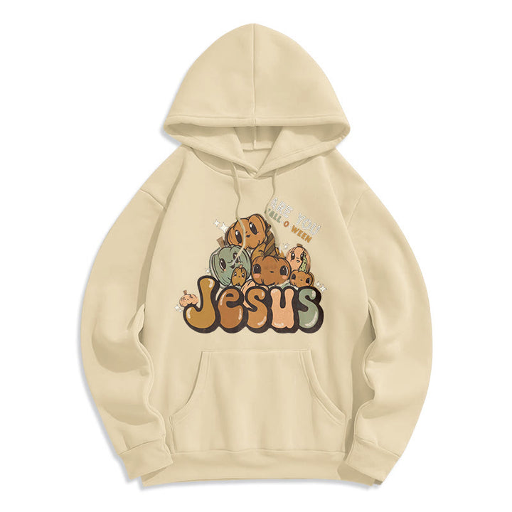 Christianartworkshop – Kapuzenpullover aus Polyester mit skurrilem Kürbis-Design und „Jesus“-Aufdruck, mit Fleece gefüttert - Beige - 2XL - image 3