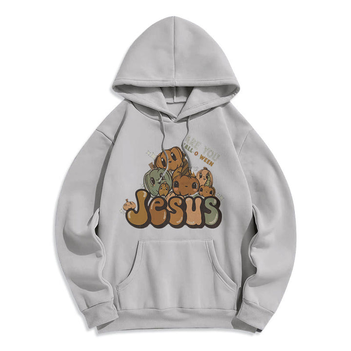 Christianartworkshop – Kapuzenpullover aus Polyester mit skurrilem Kürbis-Design und „Jesus“-Aufdruck, mit Fleece gefüttert - Grau - 2XL - image 8