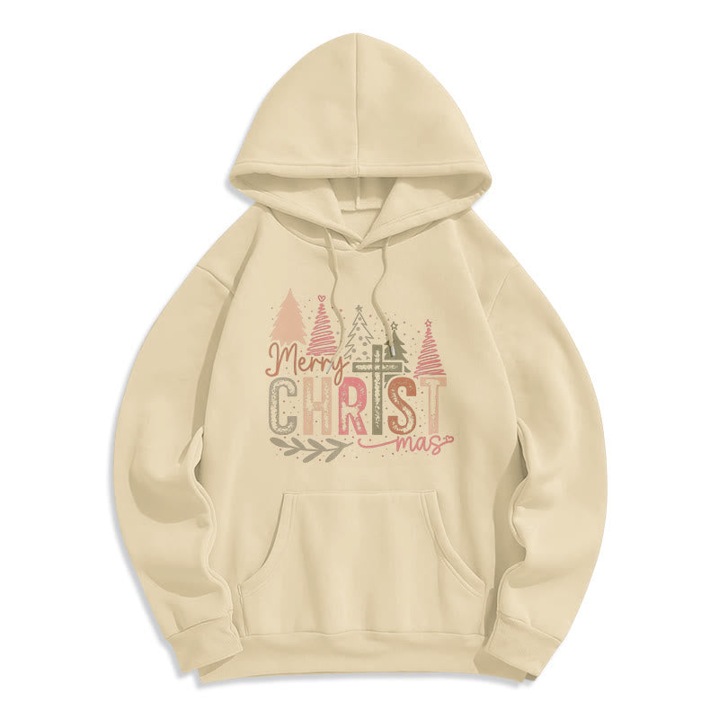 Christianartworkshop Fröhliche Weihnachten – Fleecegefütterter Polyester-Hoodie mit religiösem Kreuz- und Baummotiv - Beige - 2XL - image 2