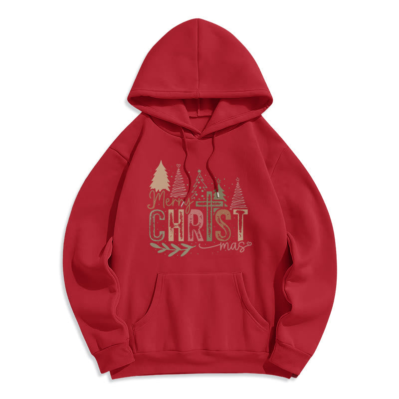 Christianartworkshop Fröhliche Weihnachten – Fleecegefütterter Polyester-Hoodie mit religiösem Kreuz- und Baummotiv - Rot - 2XL - image 1