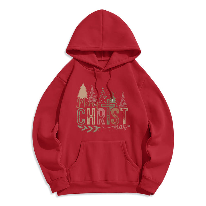 Christianartworkshop Fröhliche Weihnachten – Fleecegefütterter Polyester-Hoodie mit religiösem Kreuz- und Baummotiv - Rot - 2XL - image 1