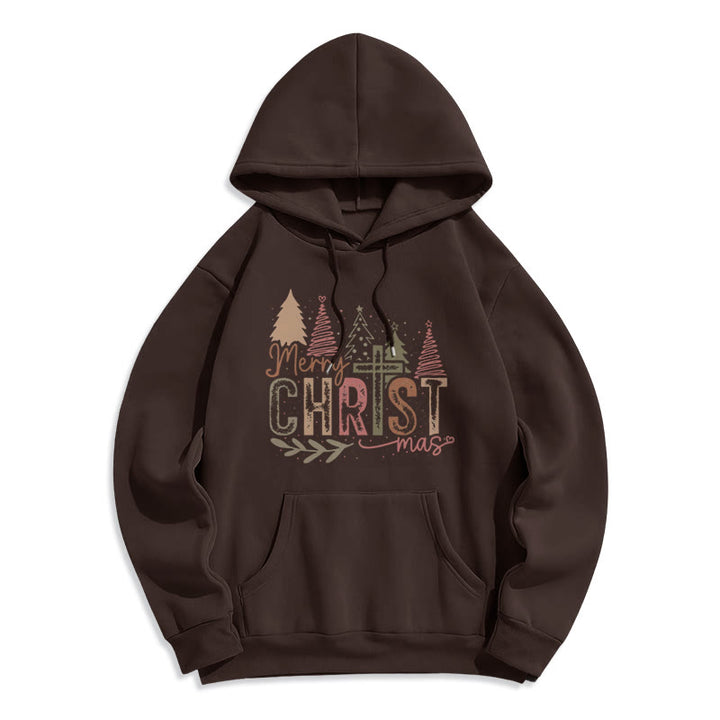 Christianartworkshop Fröhliche Weihnachten – Fleecegefütterter Polyester-Hoodie mit religiösem Kreuz- und Baummotiv - Braun - 2XL - image 7