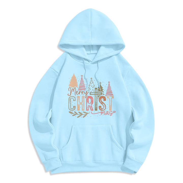 Christianartworkshop Fröhliche Weihnachten – Fleecegefütterter Polyester-Hoodie mit religiösem Kreuz- und Baummotiv - Blau - 2XL - image 4