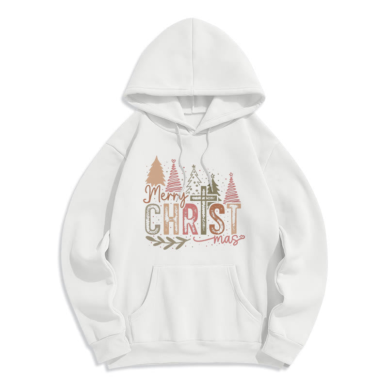 Christianartworkshop Fröhliche Weihnachten – Fleecegefütterter Polyester-Hoodie mit religiösem Kreuz- und Baummotiv - Weiß - 2XL - image 0