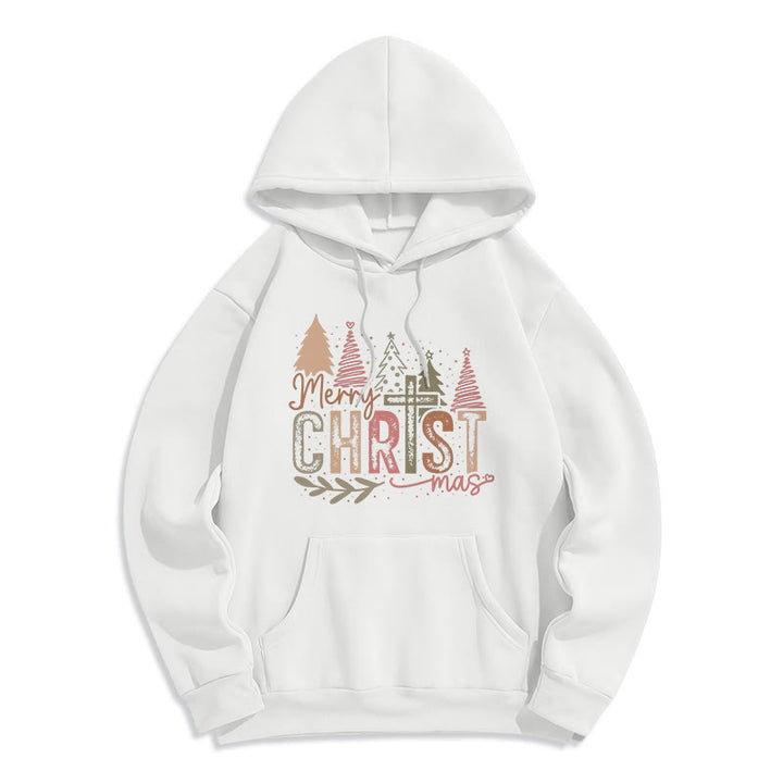 Christianartworkshop Fröhliche Weihnachten – Fleecegefütterter Polyester-Hoodie mit religiösem Kreuz- und Baummotiv - Weiß - 2XL - image 0