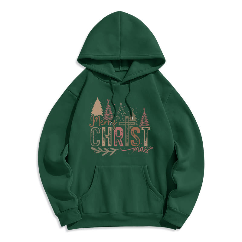 Christianartworkshop Fröhliche Weihnachten – Fleecegefütterter Polyester-Hoodie mit religiösem Kreuz- und Baummotiv - Grün - 2XL - image 3