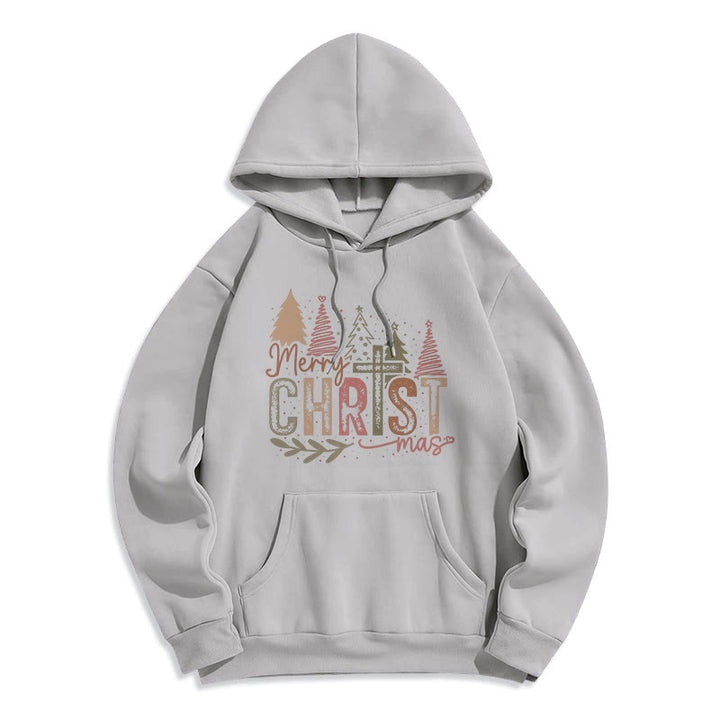 Christianartworkshop Fröhliche Weihnachten – Fleecegefütterter Polyester-Hoodie mit religiösem Kreuz- und Baummotiv - Grau - 2XL - image 6