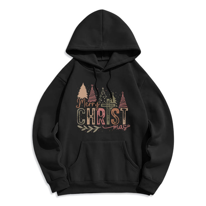 Christianartworkshop Fröhliche Weihnachten – Fleecegefütterter Polyester-Hoodie mit religiösem Kreuz- und Baummotiv - Schwarz - 2XL - image 5