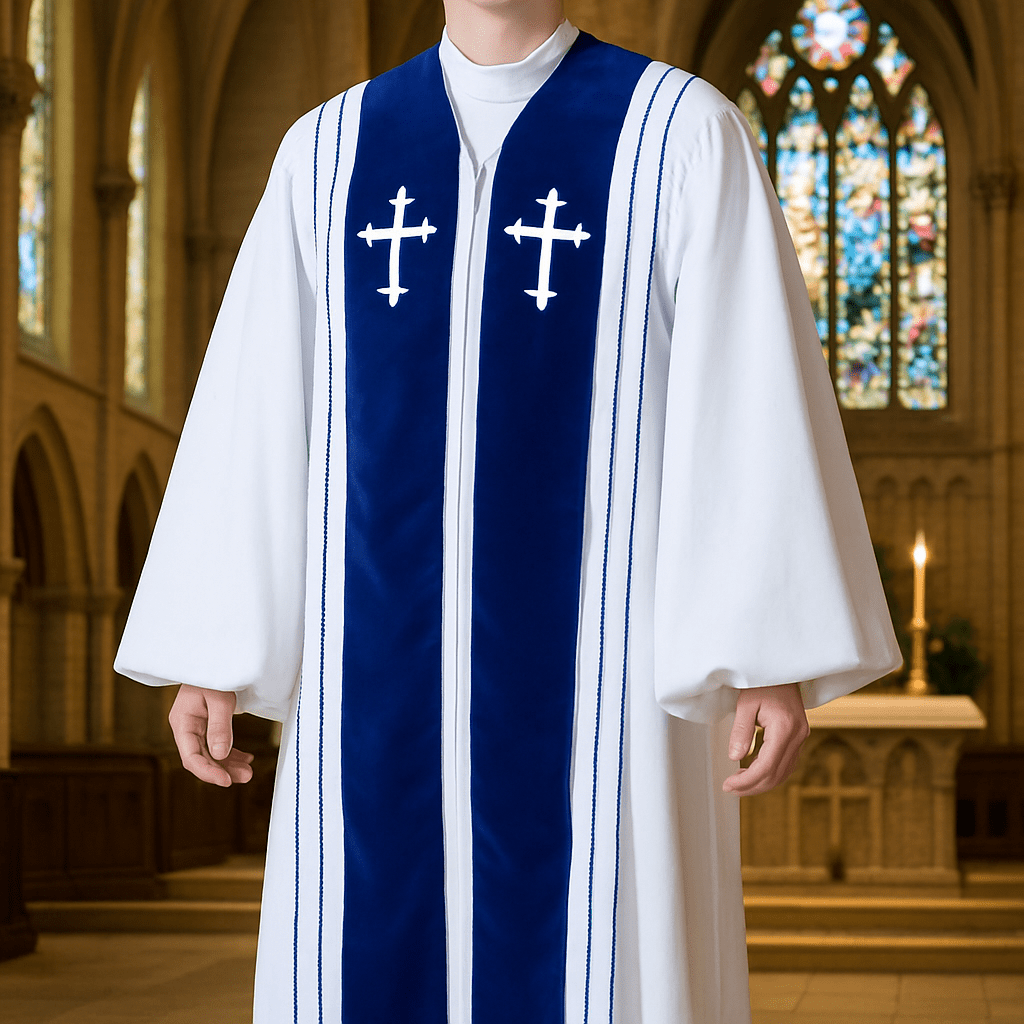 Christianartworkshop Weiße Kirchenrobe für Geistliche mit gestickten Kreuzen und blauem Paneel-Design - image 0