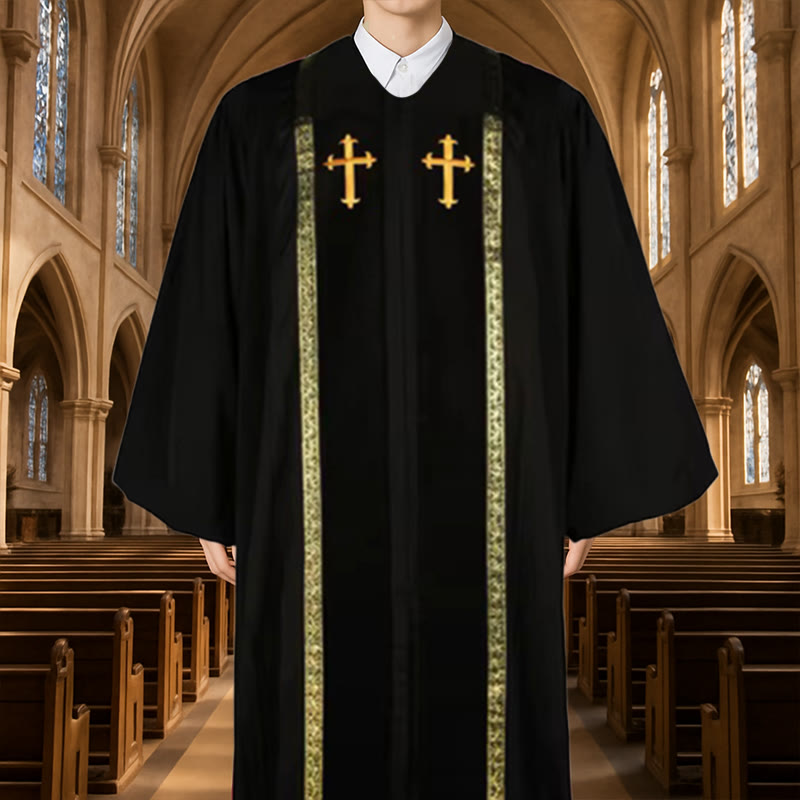Christianartworkshop Traditionelle mehrfarbige Kirchenrobe für Geistliche mit goldenem Kreuz und dekorativem - 3XL - Schwarz - image 3