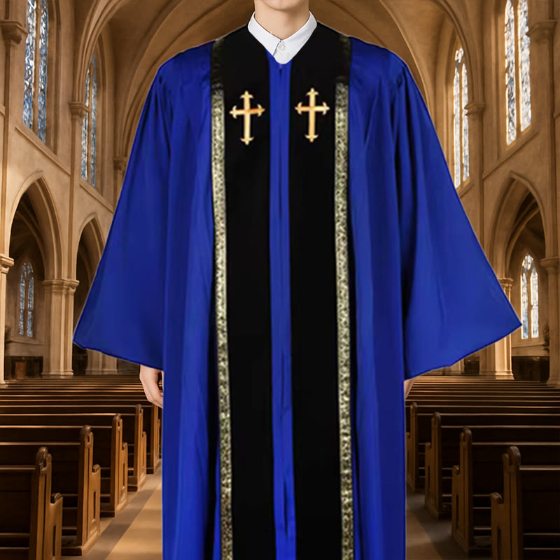 Christianartworkshop Traditionelle mehrfarbige Kirchenrobe für Geistliche mit goldenem Kreuz und dekorativem - 3XL - Blau - image 1