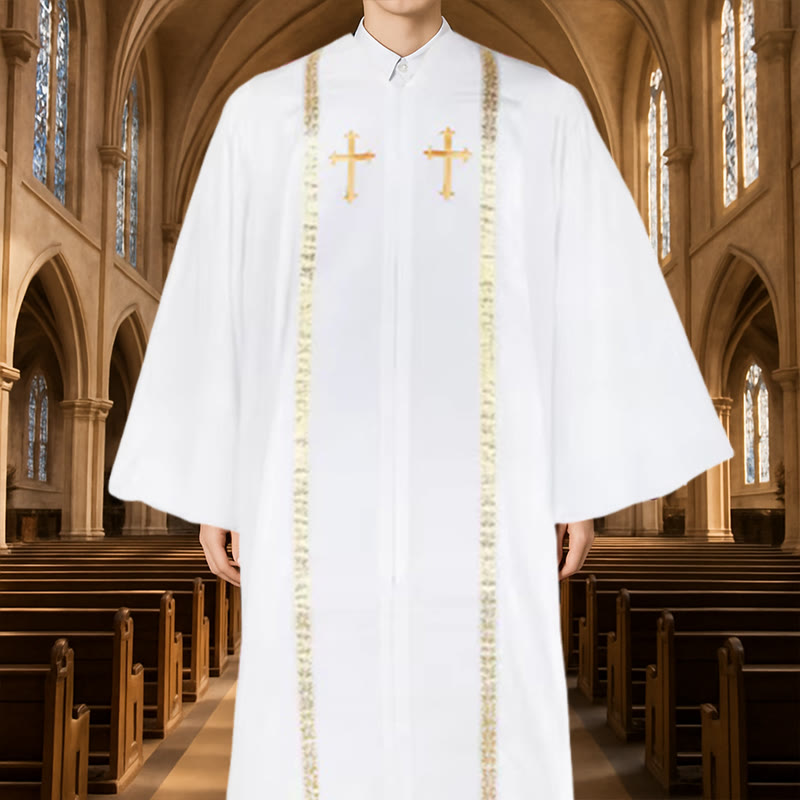 Christianartworkshop Traditionelle mehrfarbige Kirchenrobe für Geistliche mit goldenem Kreuz und dekorativem - 3XL - Weiß - image 2