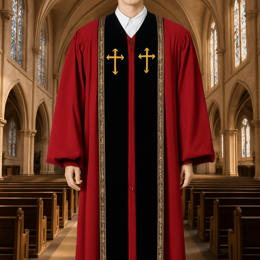 Christianartworkshop Traditionelle mehrfarbige Kirchenrobe für Geistliche mit goldenem Kreuz und dekorativem - 3XL - Rot - image 0